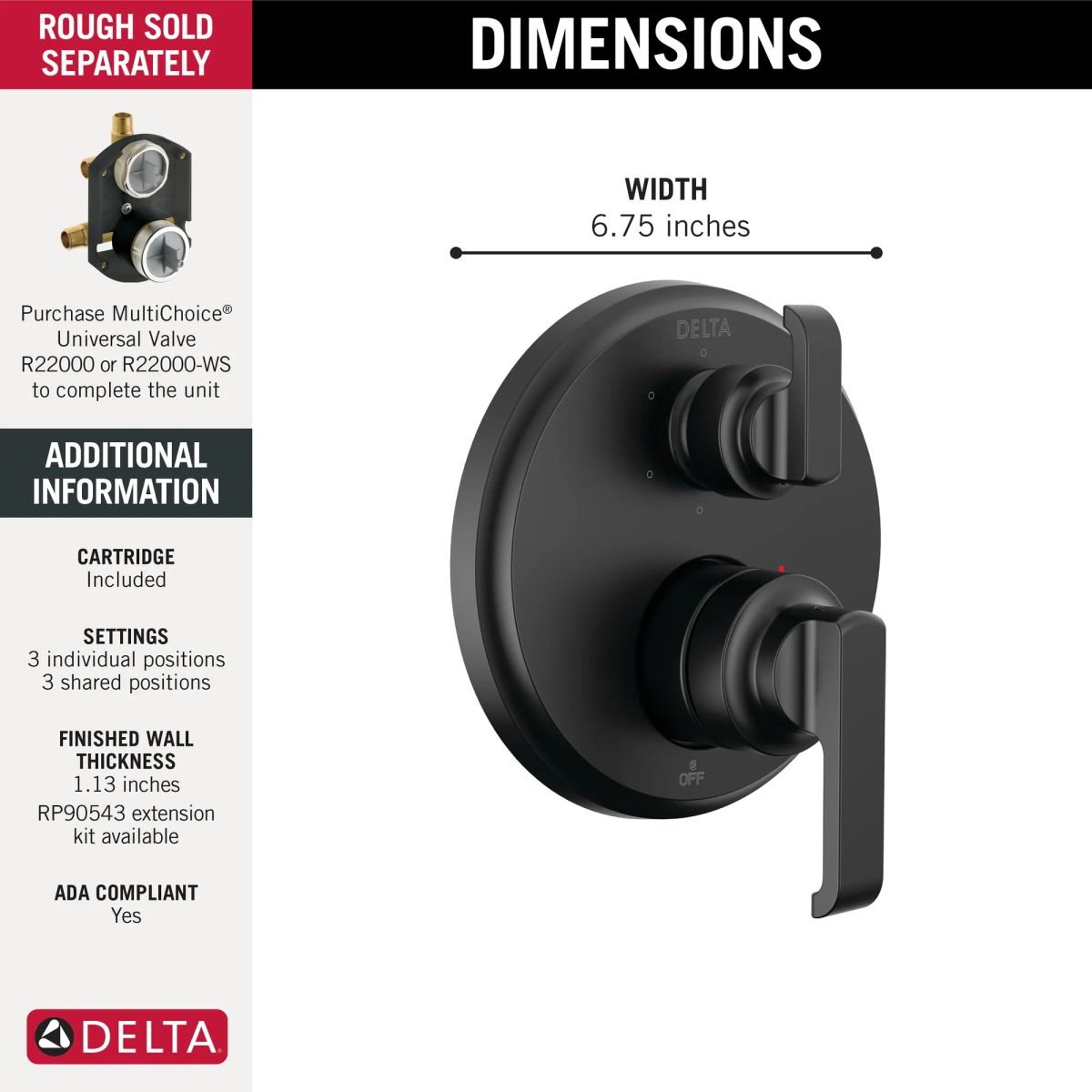 DELTA Tetra 14 Series Integrated Diverter Trim with 6-Setting — Matte Black