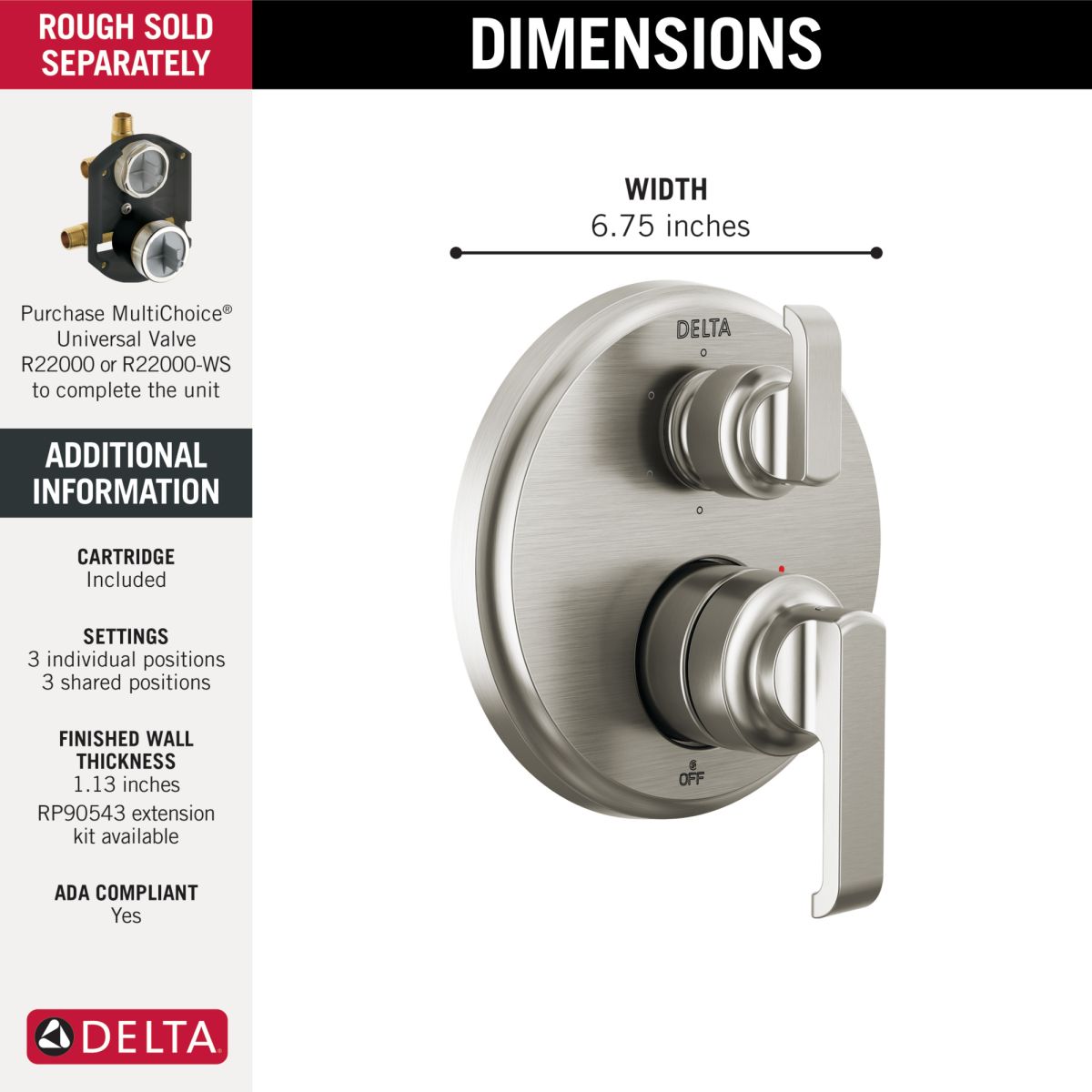 DELTA Tetra 14 Series Integrated Diverter Trim with 6-Setting — Lumicoat® Stainless