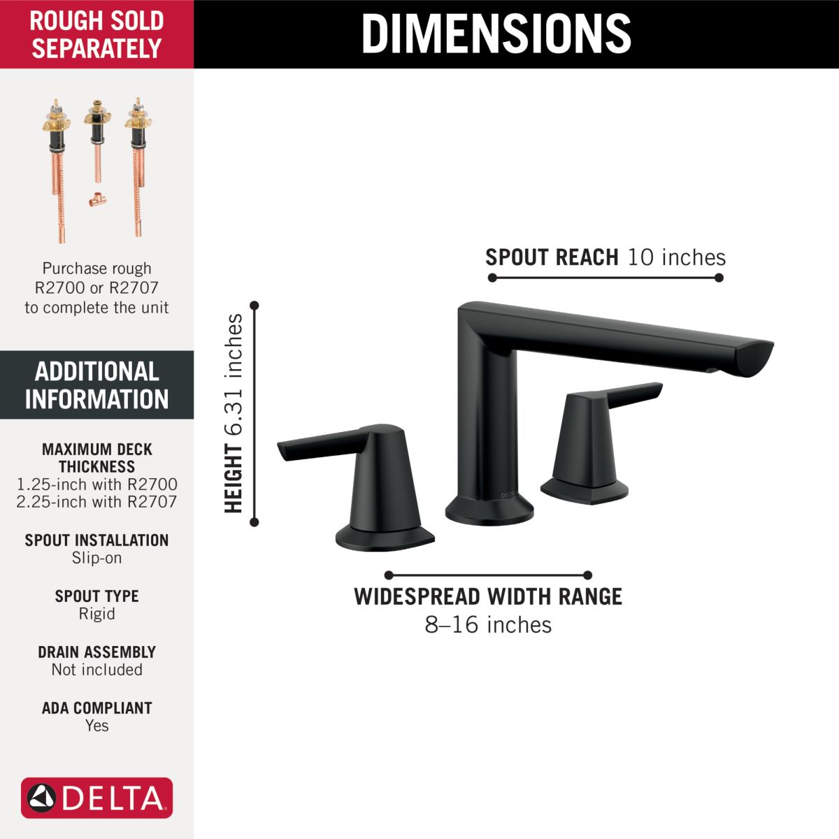 DELTA Galeon 3-Hole Roman Tub Trim — Matte Black