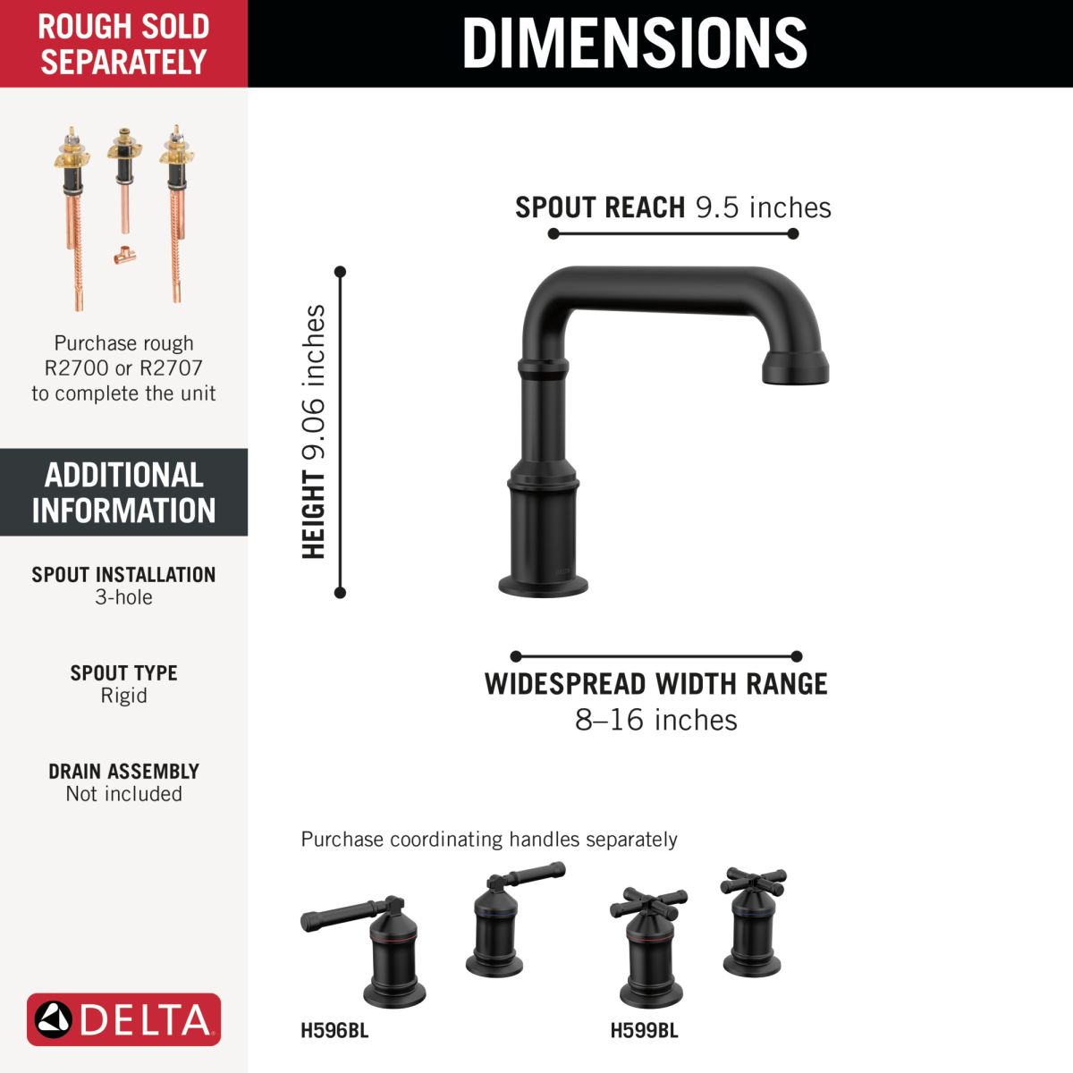DELTA Broderick Roman Tub Trim - Less Handles — Matte Black