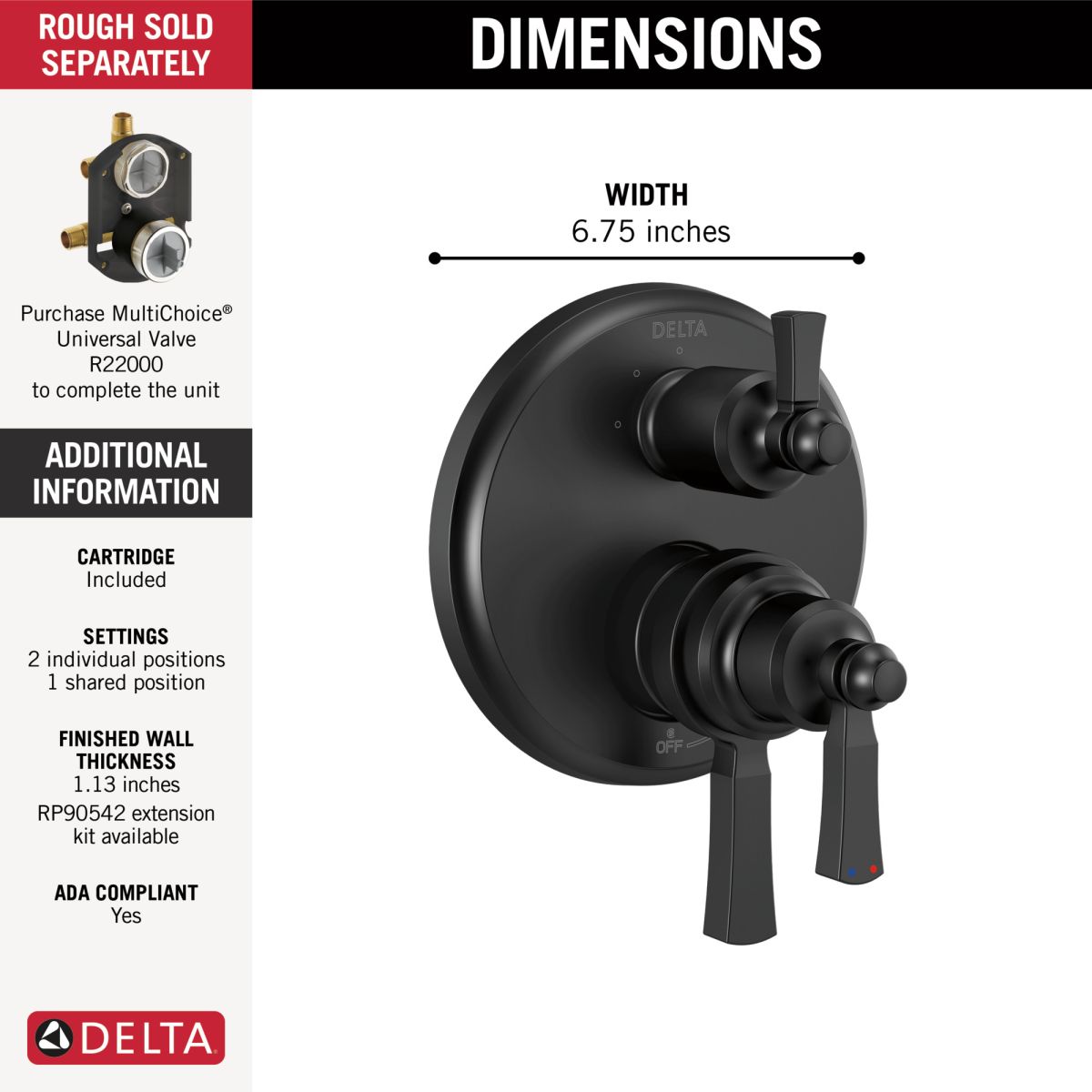 DELTA Dorval Traditional 2-Handle Monitor 17 Series Valve Trim with 3 Setting Diverter — Matte Black