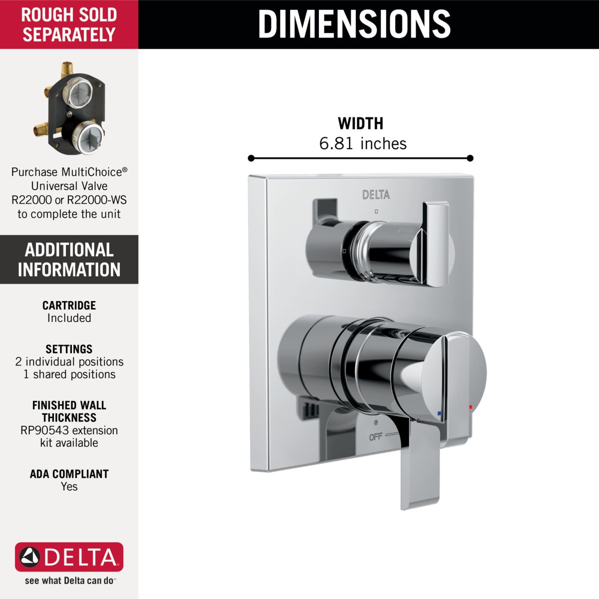 DELTA Ara Angular Modern Monitor 17 Series Valve Trim with 3-Setting Integrated Diverter — Chrome