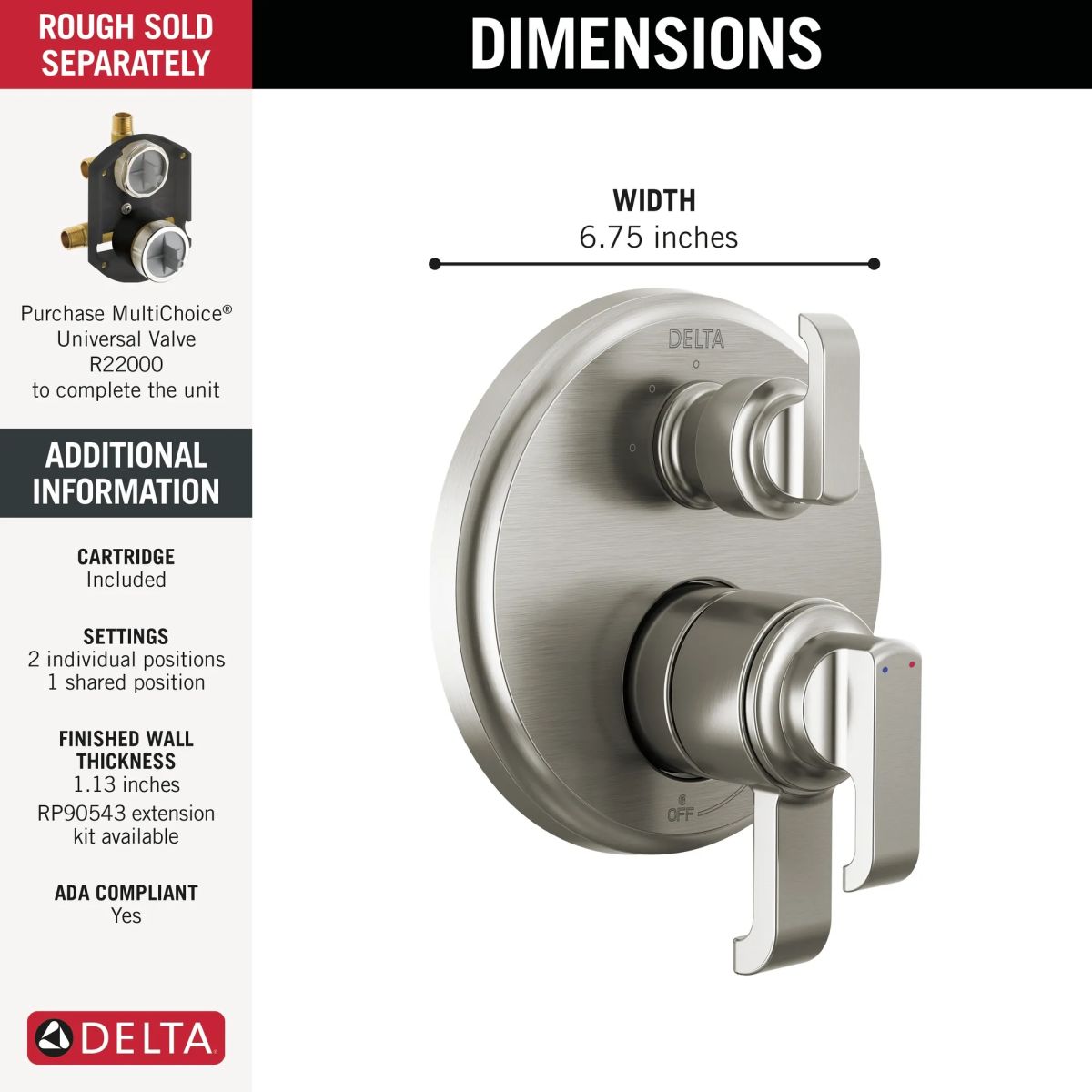 DELTA Tetra 17 Series Integrated Diverter Trim with 3-Setting — Lumicoat® Stainless