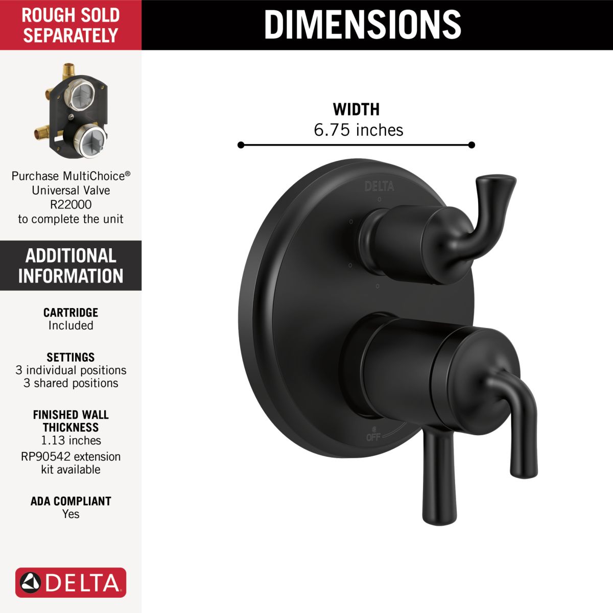 DELTA Kayra 2-Handle Monitor 17 Series Valve Trim with 3- or 6- Setting Diverter — Matte Black