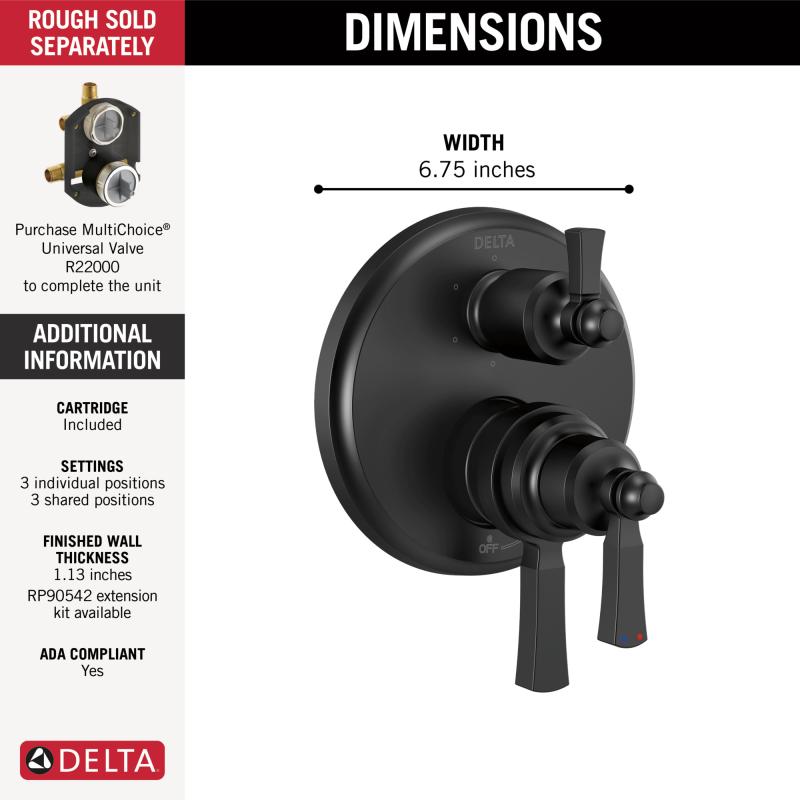 DELTA Dorval Traditional 2-Handle Monitor 17 Series Valve Trim with 6 Setting Diverter — Matte Black