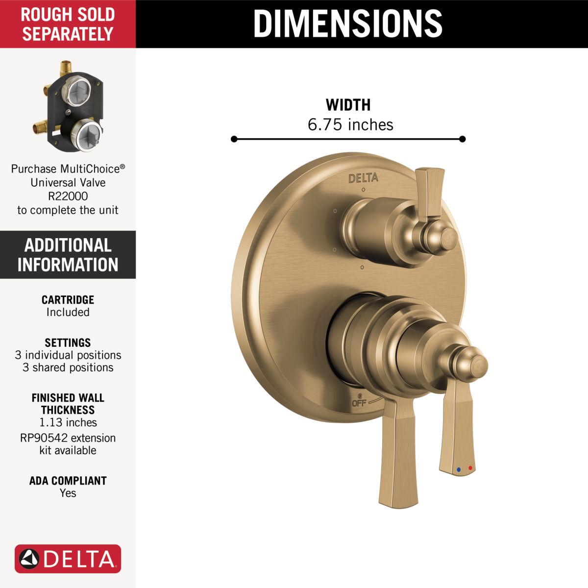 DELTA Dorval Traditional 2-Handle Monitor 17 Series Valve Trim with 6 Setting Diverter — Champagne Bronze