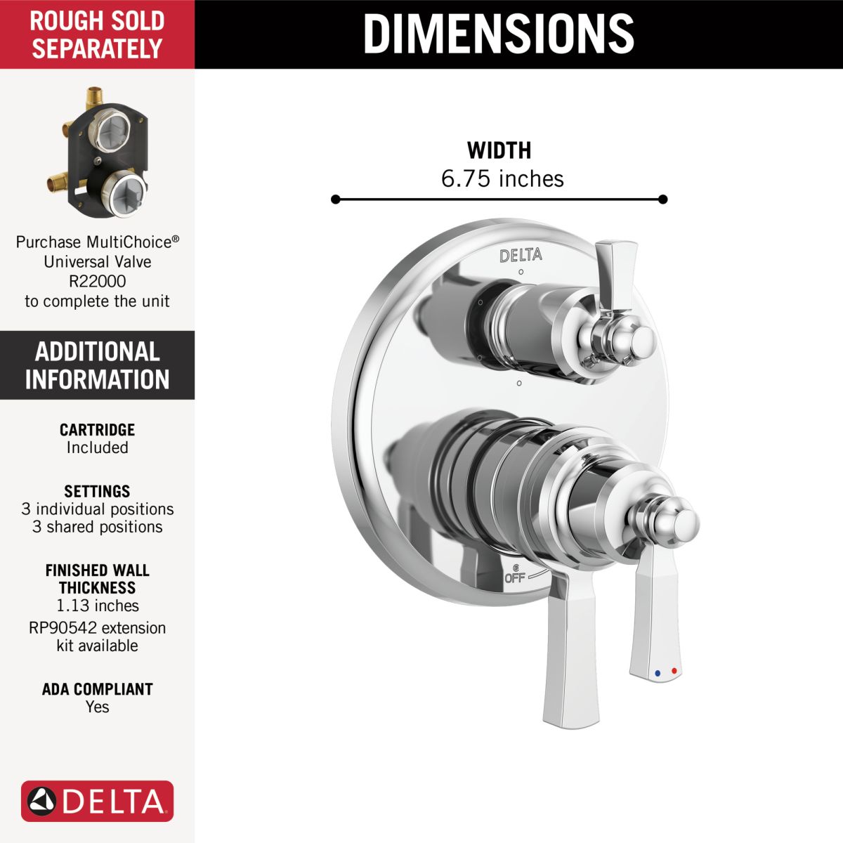 DELTA Dorval Traditional 2-Handle Monitor 17 Series Valve Trim with 6 Setting Diverter — Chrome