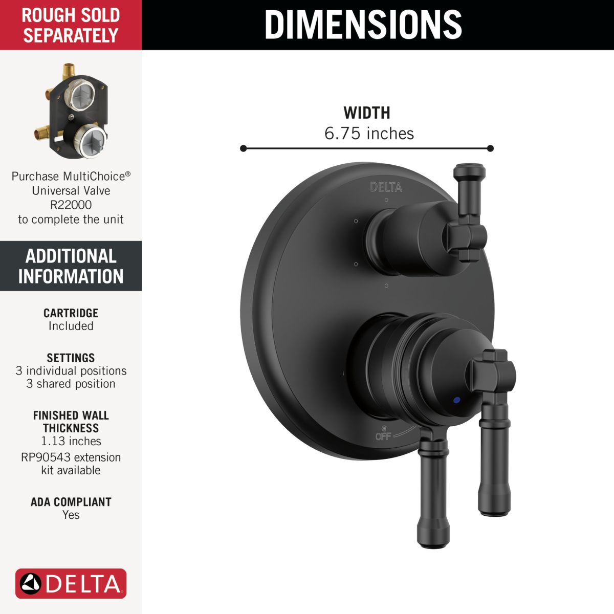 DELTA Broderick 17 Series Integrated Diverter Trim 6-Setting — Matte Black