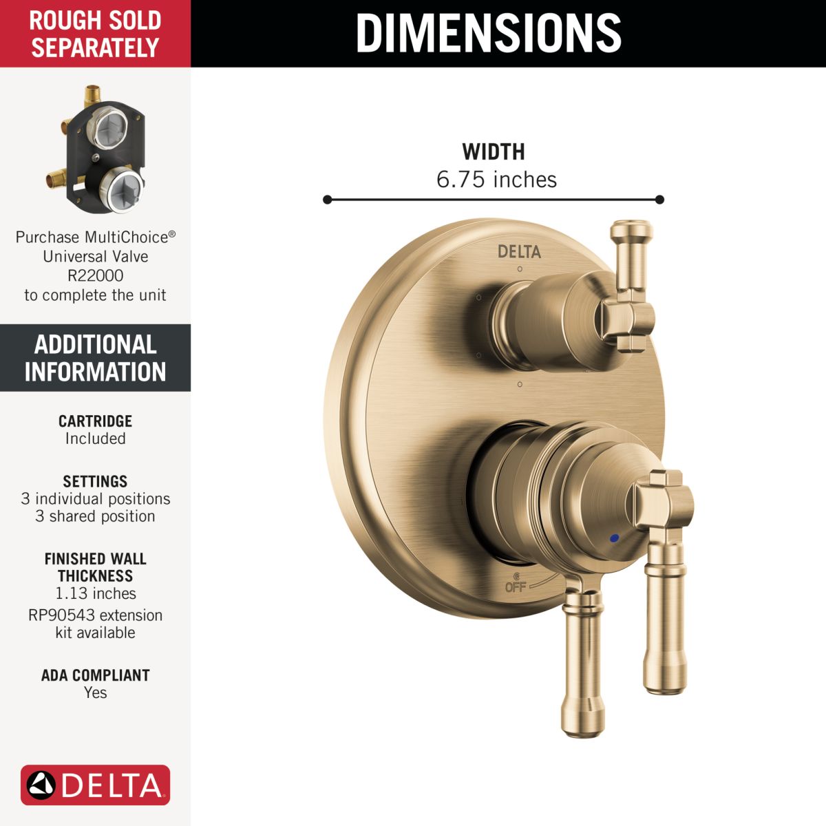 DELTA Broderick 17 Series Integrated Diverter Trim 6-Setting — Lumicoat® Champagne Bronze