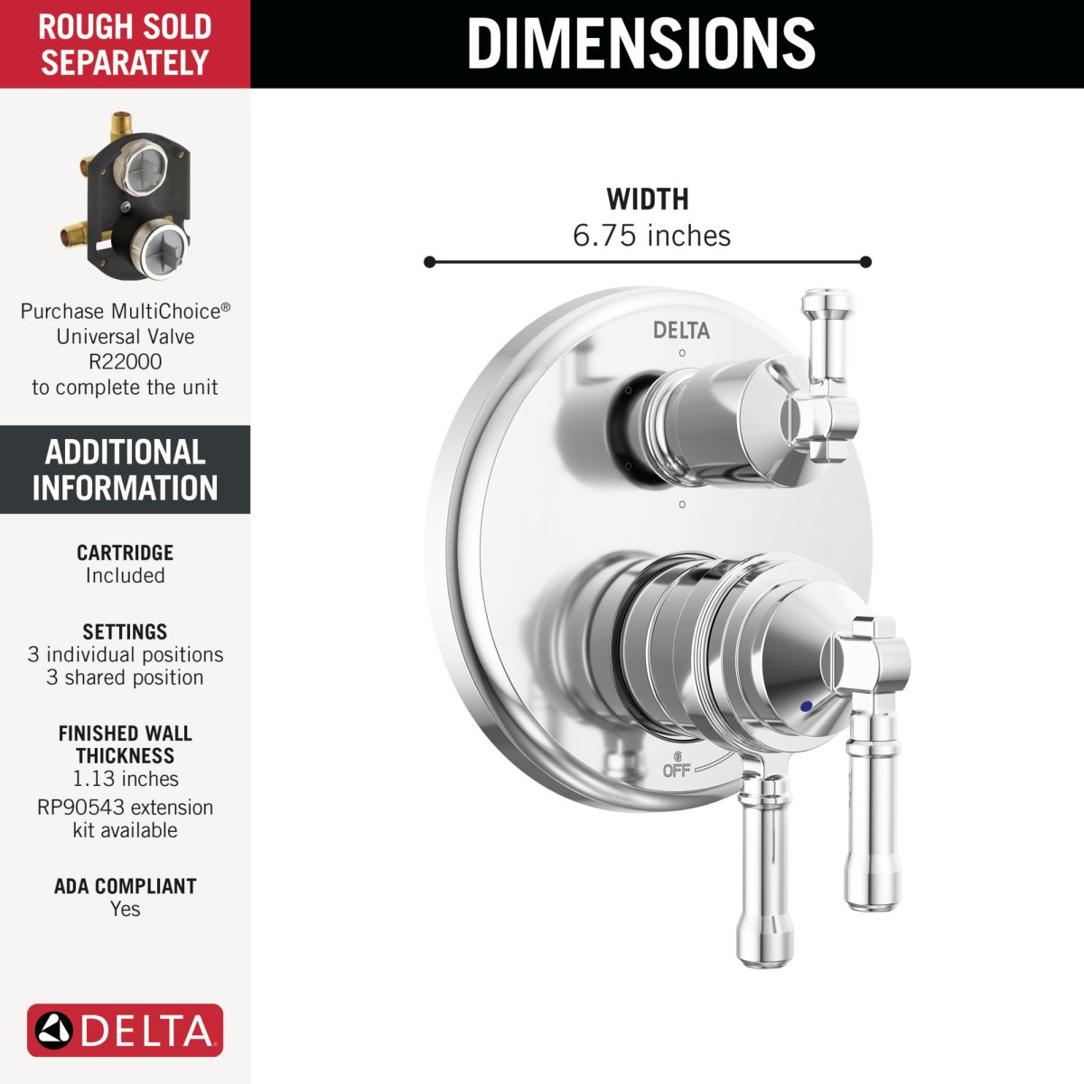 DELTA Broderick 17 Series Integrated Diverter Trim 6-Setting — Lumicoat® Chrome