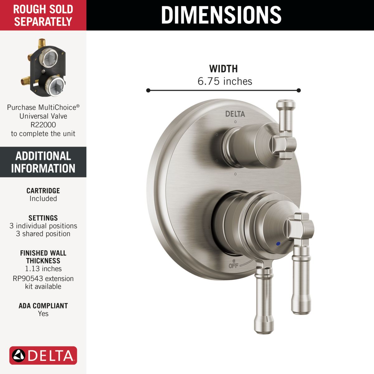 DELTA Broderick 17 Series Integrated Diverter Trim 6-Setting — Lumicoat® Stainless