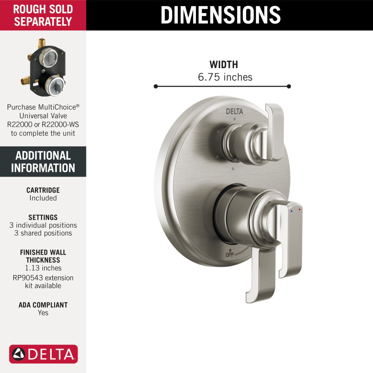 DELTA Tetra 17 Series Integrated Diverter Trim with 6-Setting — Lumicoat® Stainless