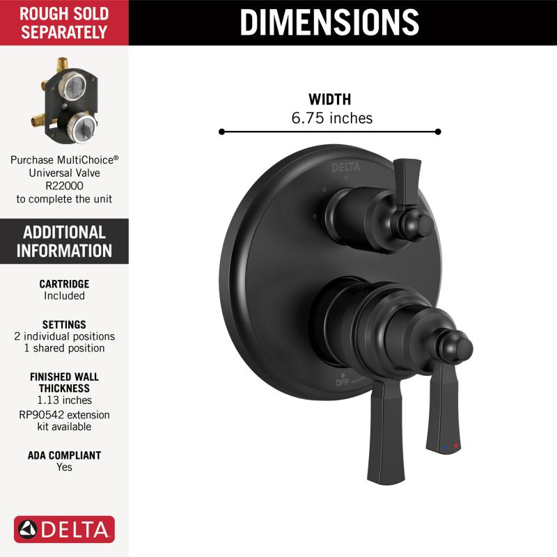 DELTA Dorval Traditional 2-Handle Monitor 17T Series Valve Trim with 3 Setting Diverter — Matte Black
