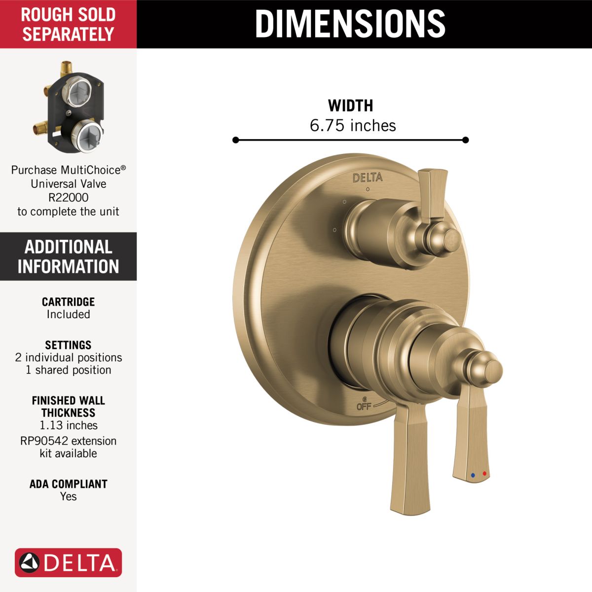 DELTA Dorval Traditional 2-Handle Monitor 17T Series Valve Trim with 3 Setting Diverter — Champagne Bronze