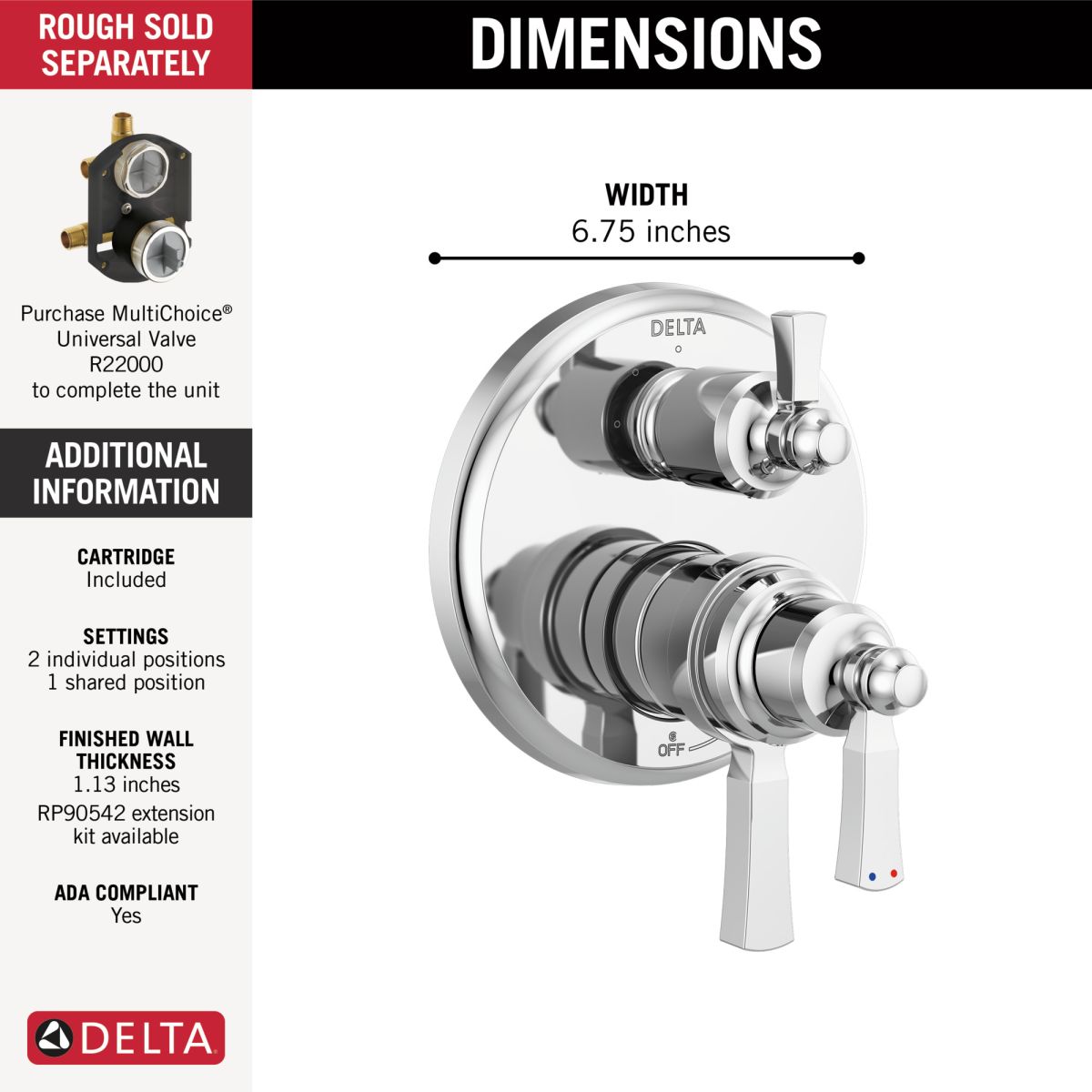 DELTA Dorval Traditional 2-Handle Monitor 17T Series Valve Trim with 3 Setting Diverter — Chrome