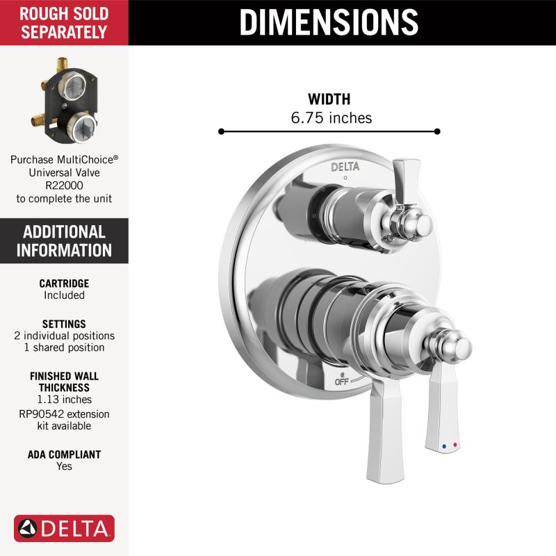 DELTA Dorval Traditional 2-Handle Monitor 17T Series Valve Trim with 3 Setting Diverter — Chrome