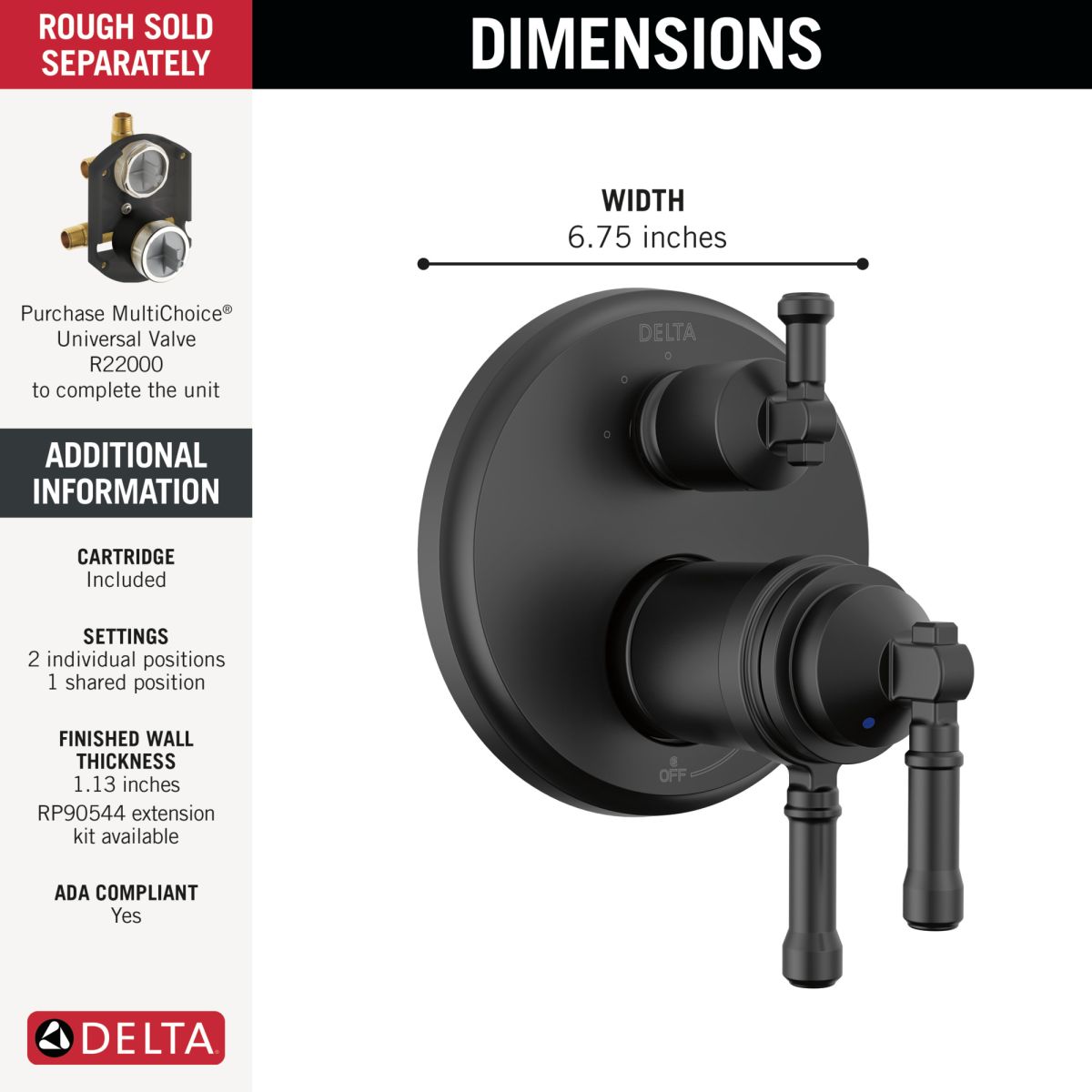 DELTA Broderick 17T Series Integrated Diverter Trim 3-Setting — Matte Black