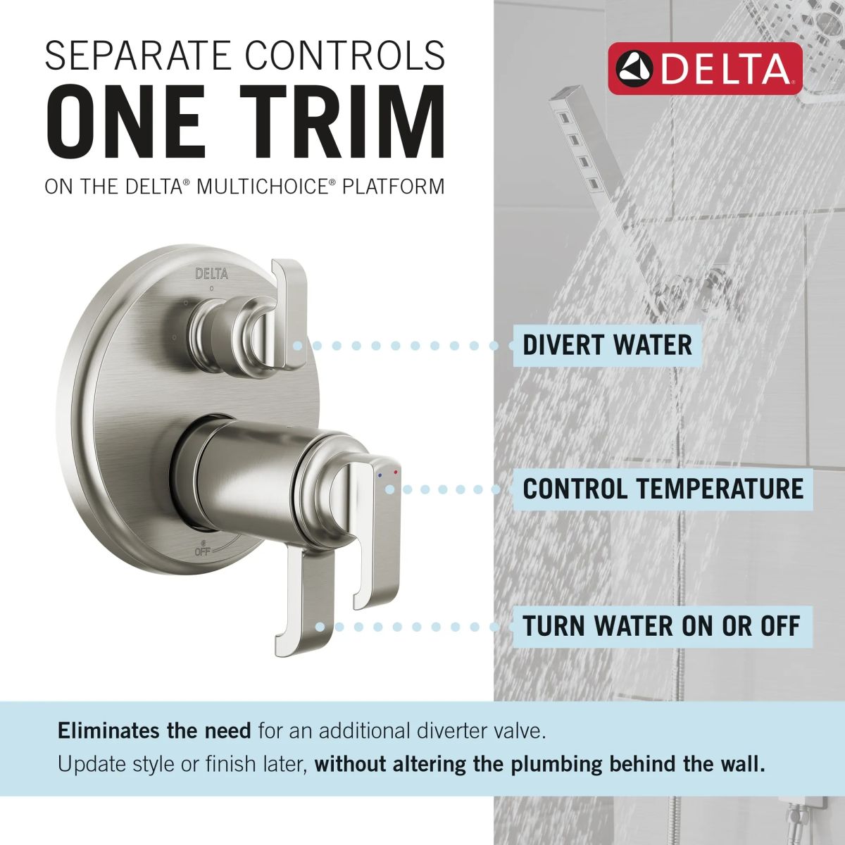 DELTA Tetra TempAssure 17T Series Integrated Diverter Trim with 3-Setting — Lumicoat® Stainless