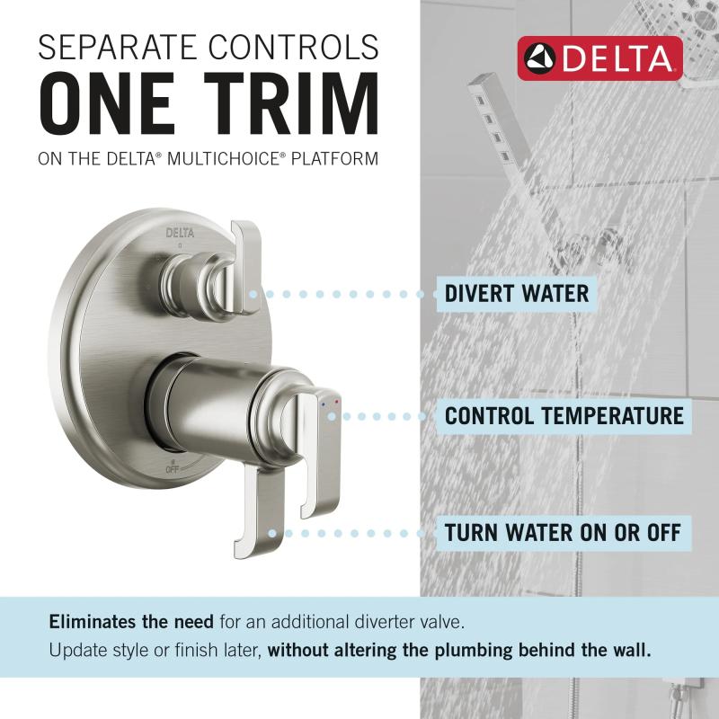 DELTA Tetra TempAssure 17T Series Integrated Diverter Trim with 3-Setting — Lumicoat® Stainless