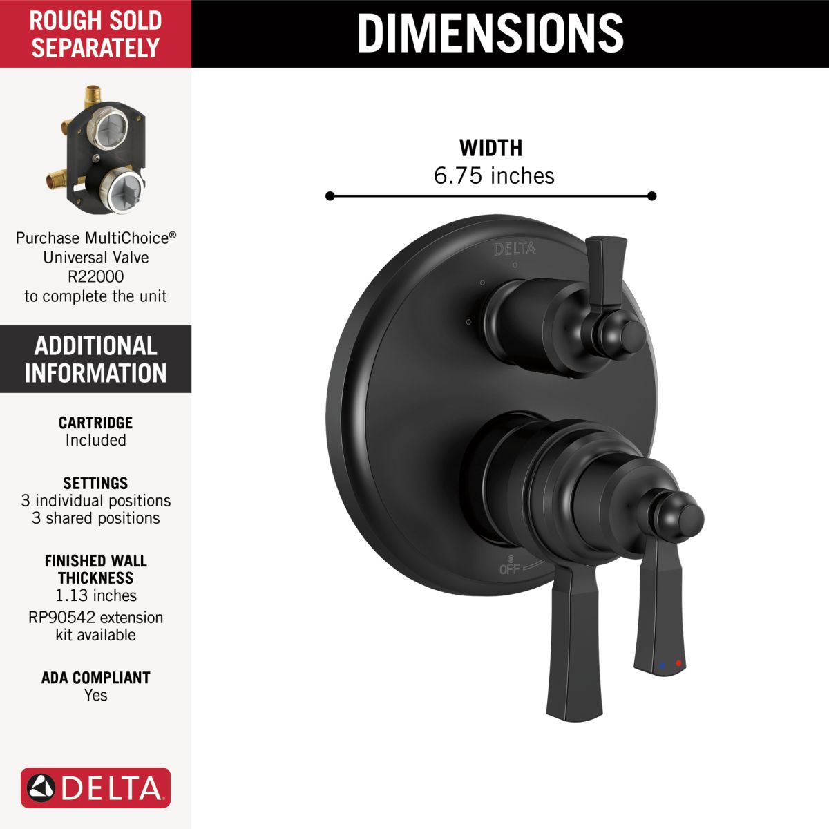 DELTA Dorval Traditional 2-Handle Monitor 17T Series Valve Trim with 6 Setting Diverter — Matte Black