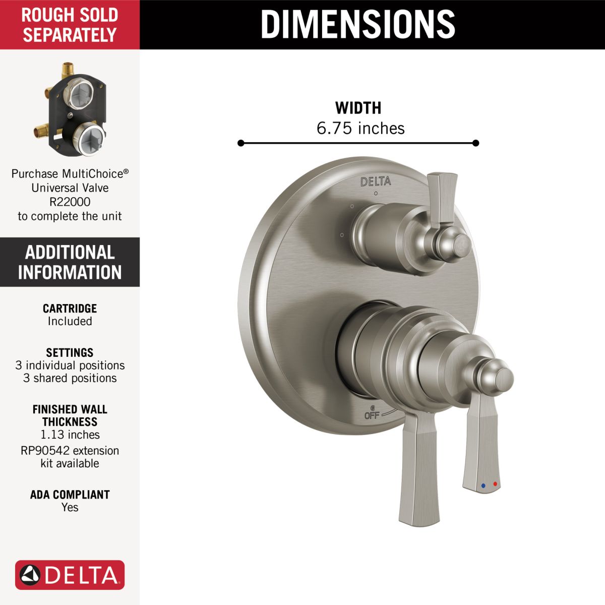 DELTA Dorval Traditional 2-Handle Monitor 17T Series Valve Trim with 6 Setting Diverter — Stainless