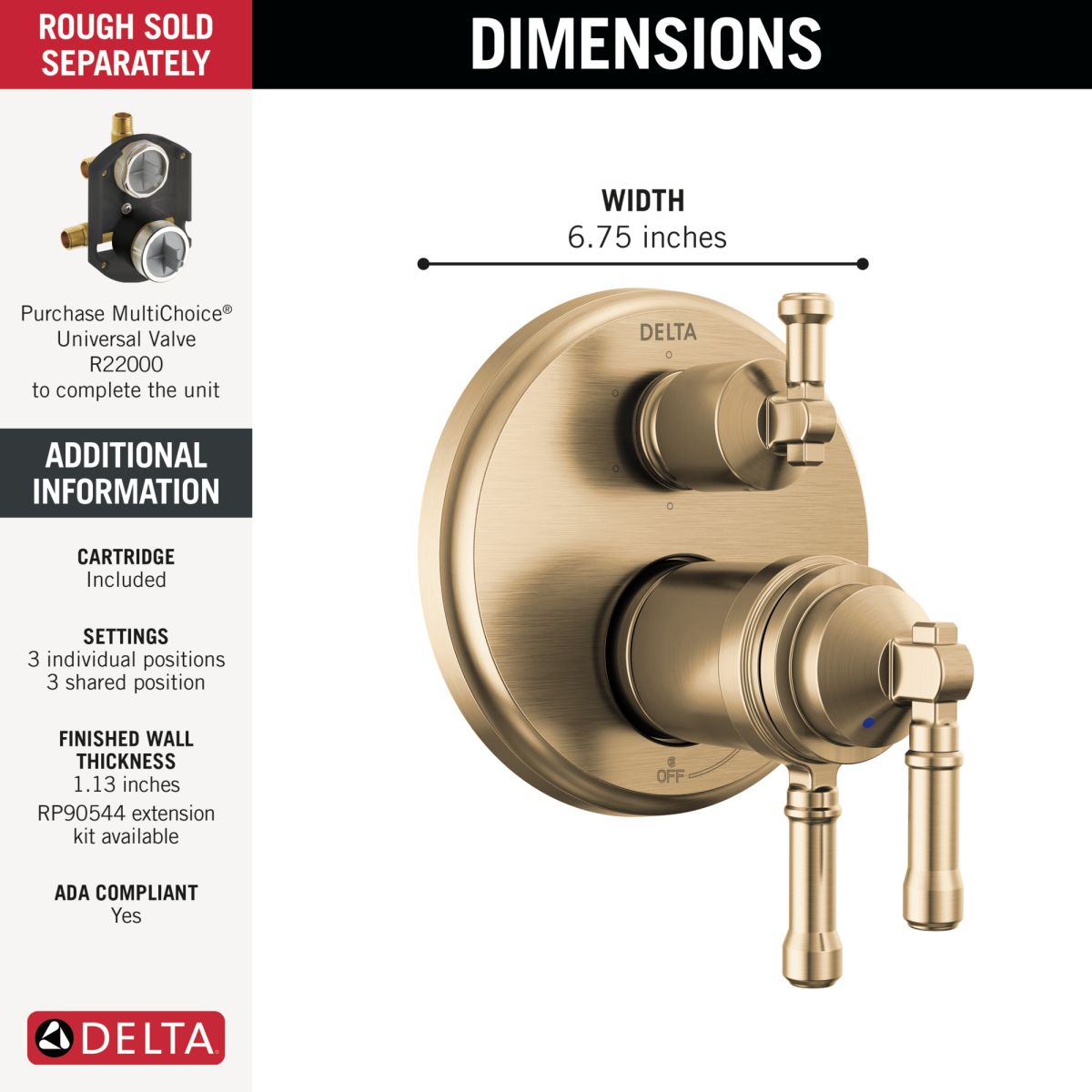 DELTA Broderick 17T Series Integrated Diverter Trim 6-Setting — Lumicoat® Champagne Bronze
