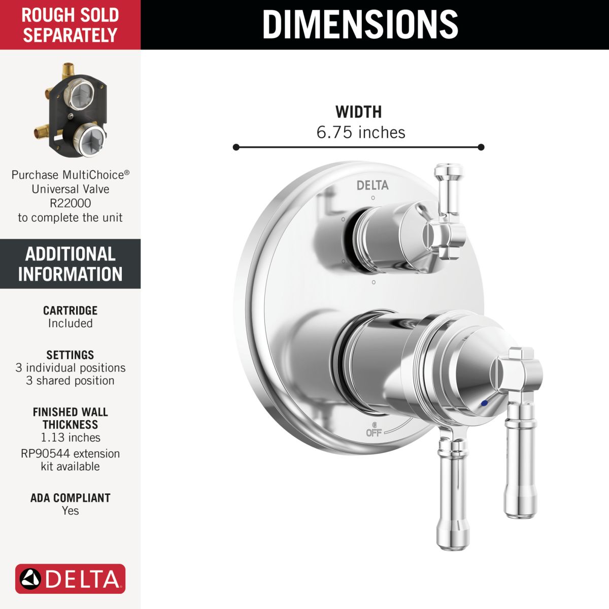 DELTA Broderick 17T Series Integrated Diverter Trim 6-Setting — Lumicoat® Chrome