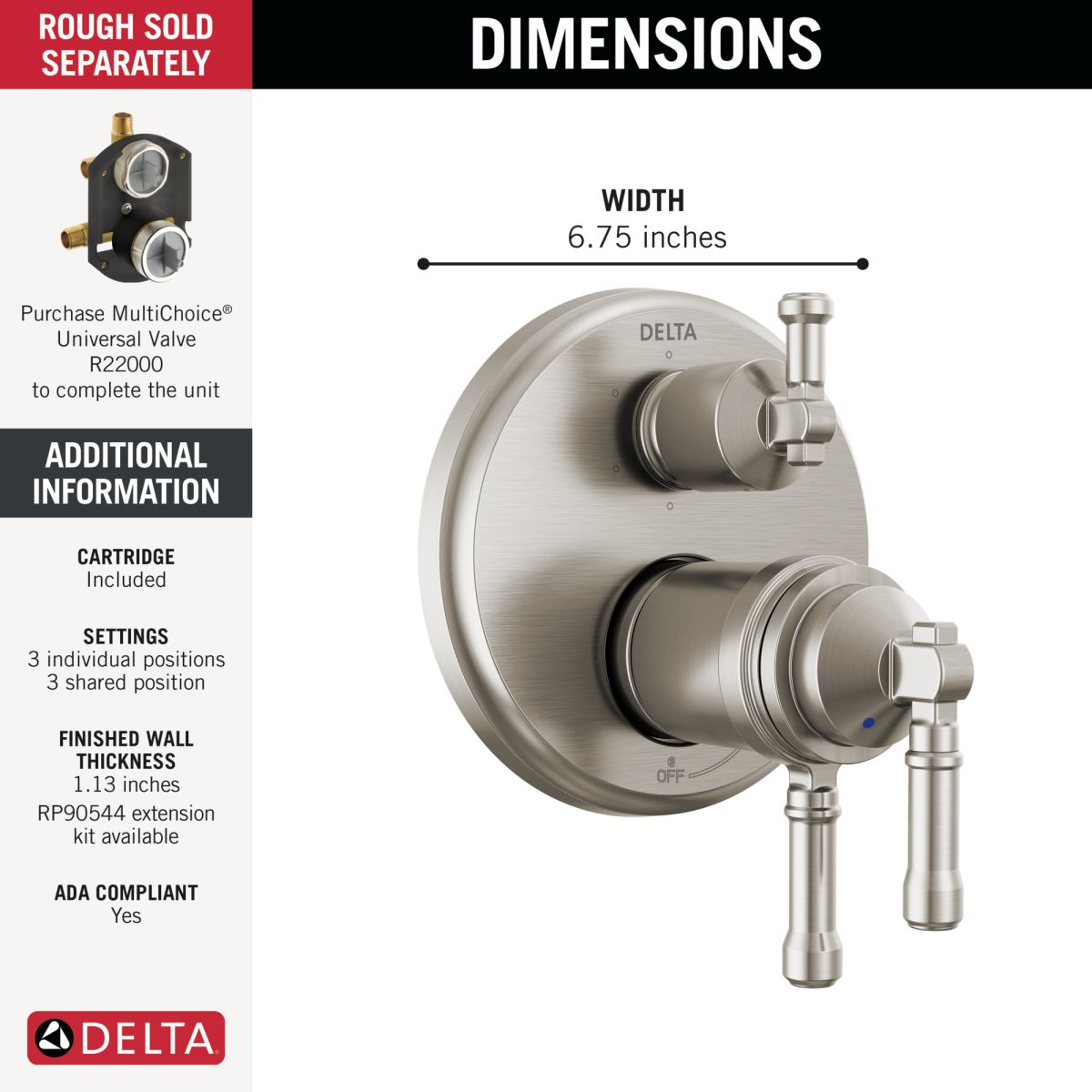 DELTA Broderick 17T Series Integrated Diverter Trim 6-Setting — Lumicoat® Stainless