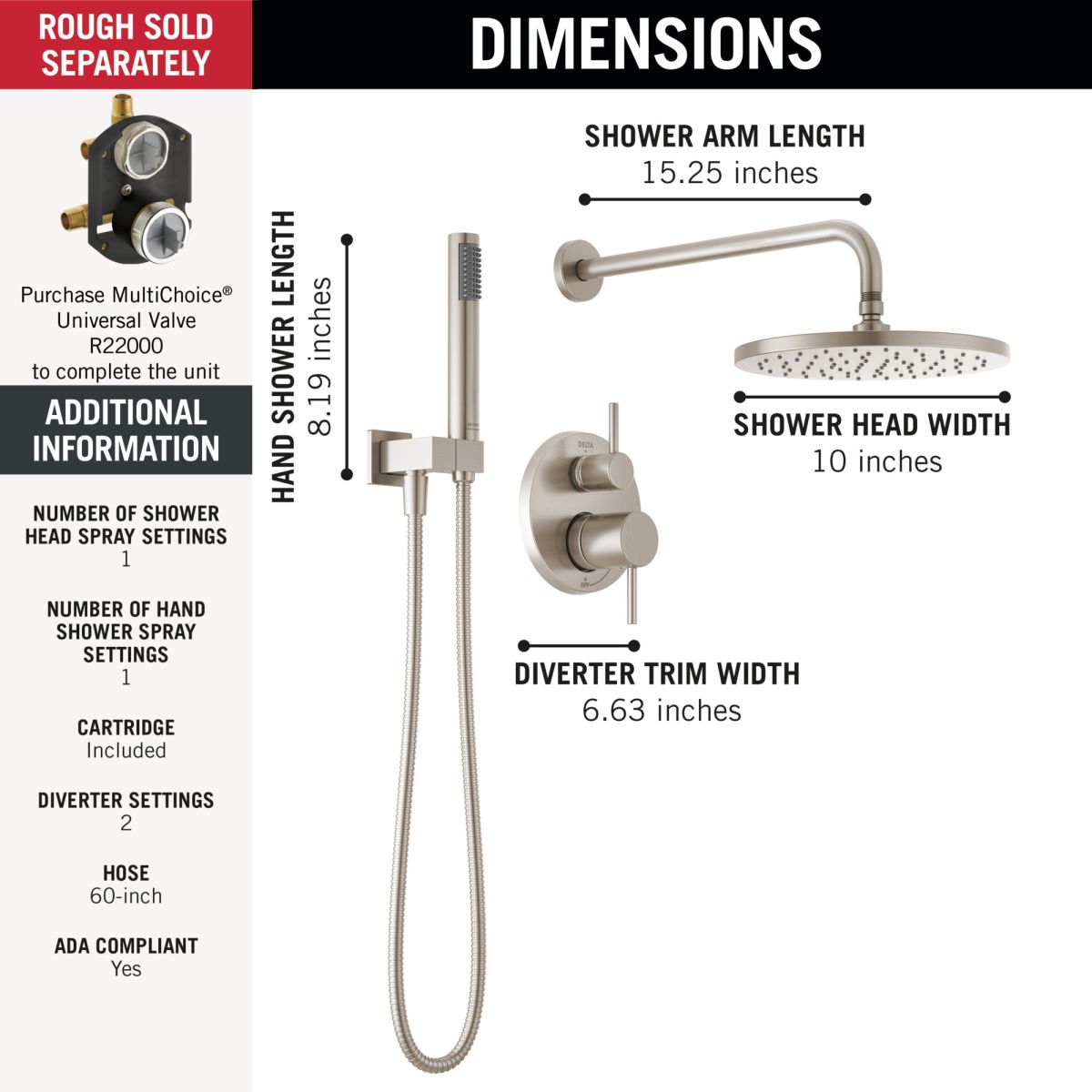 DELTA Modern Monitor 14 Series Shower with Raincan & Hand Shower — Spotshield Brushed Nickel