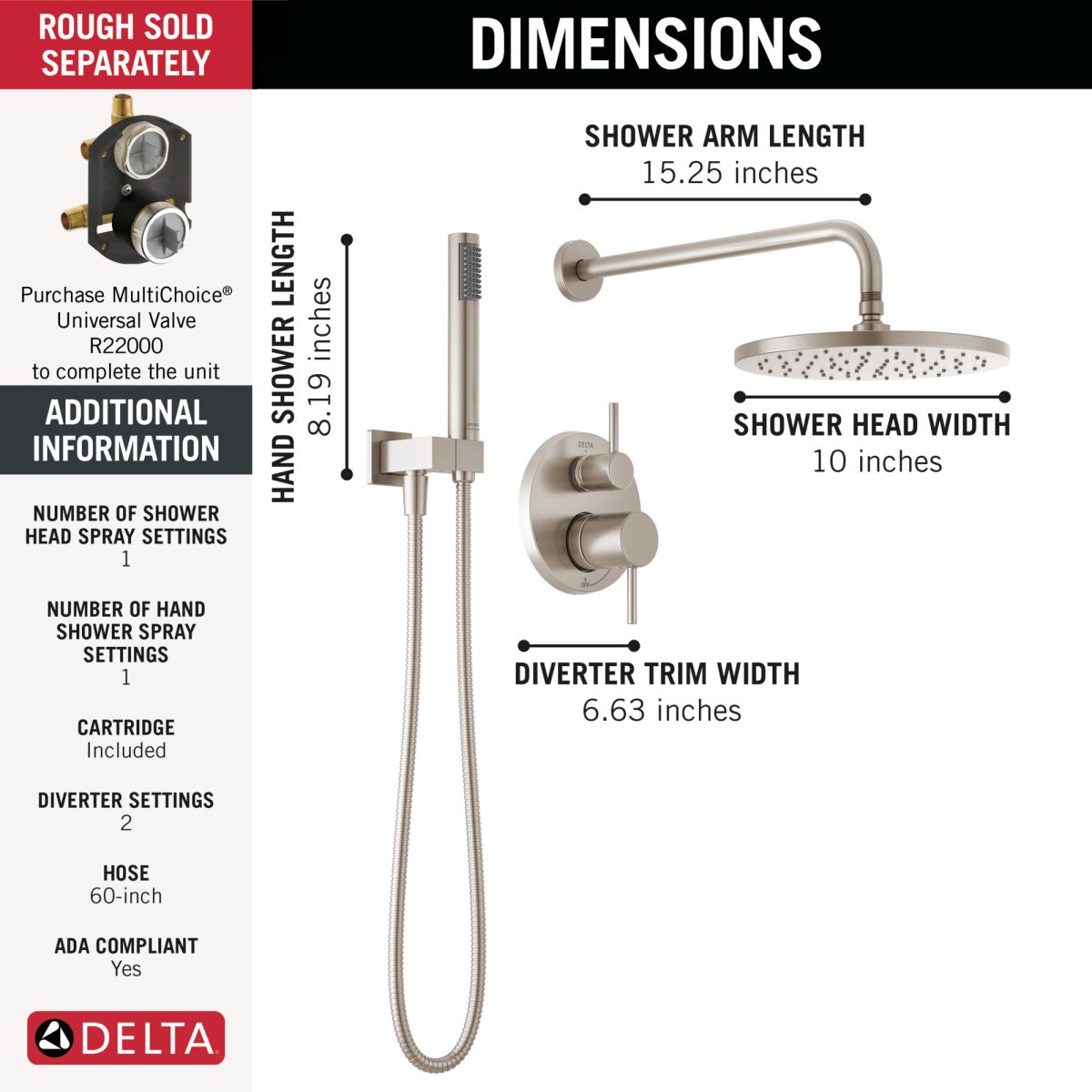 DELTA Modern Monitor 14 Series Shower with Raincan & Hand Shower — Spotshield Brushed Nickel