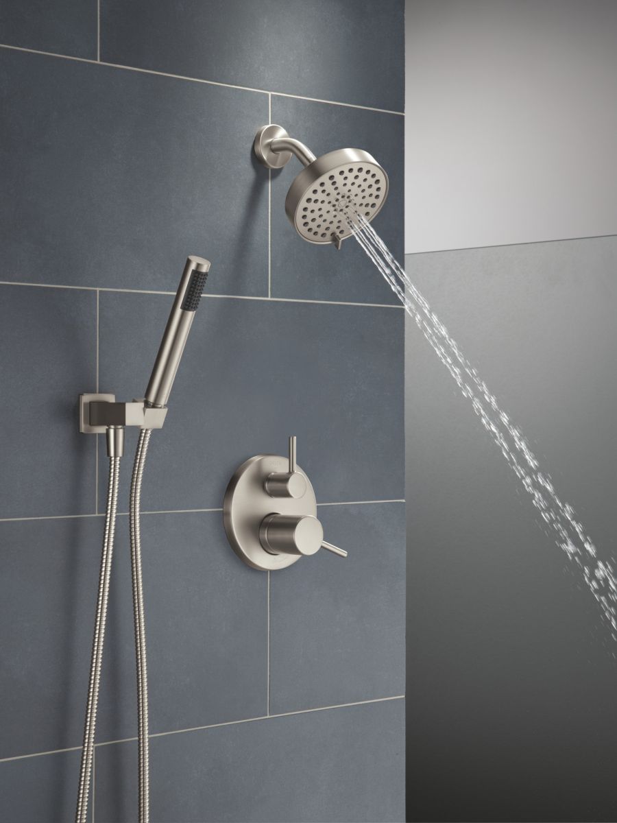 DELTA Modern 14S Shower Trim w Fixed Head & Hand Shower — Spotshield Brushed Nickel