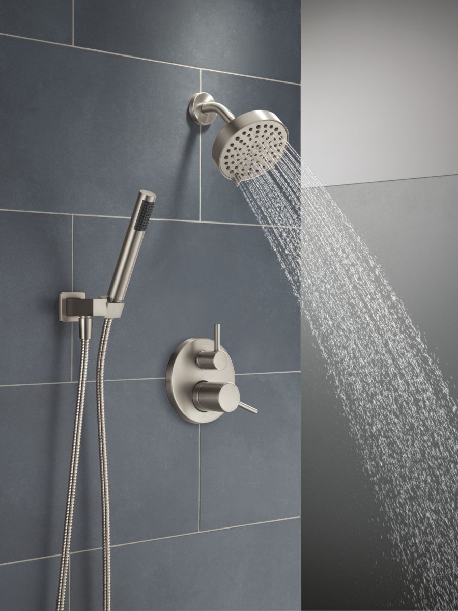 DELTA Modern 14S Shower Trim w Fixed Head & Hand Shower — Spotshield Brushed Nickel