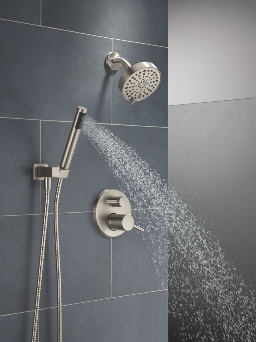 DELTA Modern 14S Shower Trim w Fixed Head & Hand Shower — Spotshield Brushed Nickel