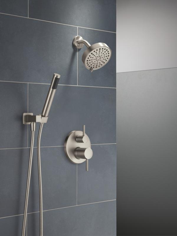 DELTA Modern 14S Shower Trim w Fixed Head & Hand Shower — Spotshield Brushed Nickel