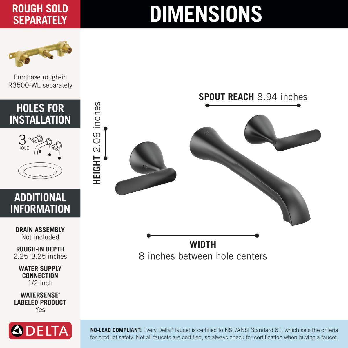 DELTA Bonacci Two Handle Wall Mount Bathroom Faucet — Matte Black