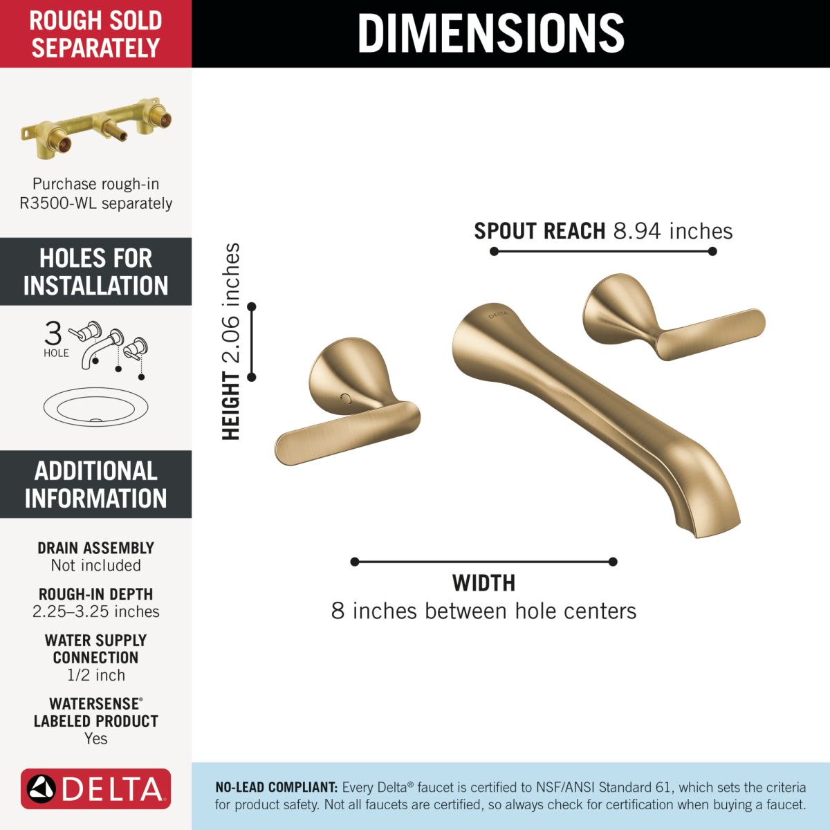 DELTA Bonacci Two Handle Wall Mount Bathroom Faucet — Lumicoat® Champagne Bronze
