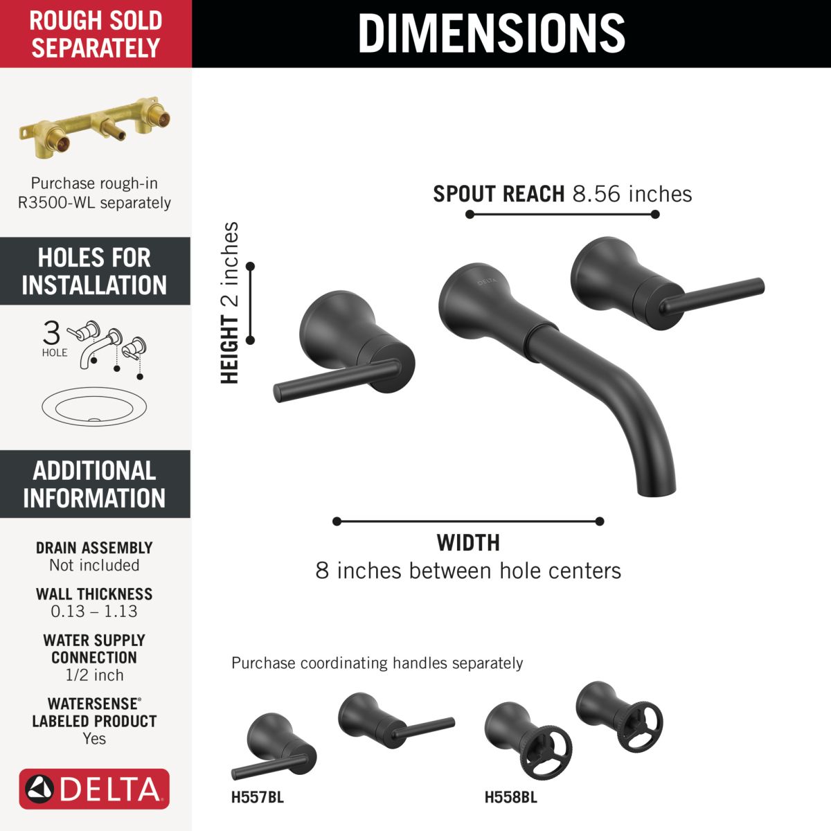 DELTA Trinsic Two Handle Wall Mount Bathroom Faucet — Matte Black