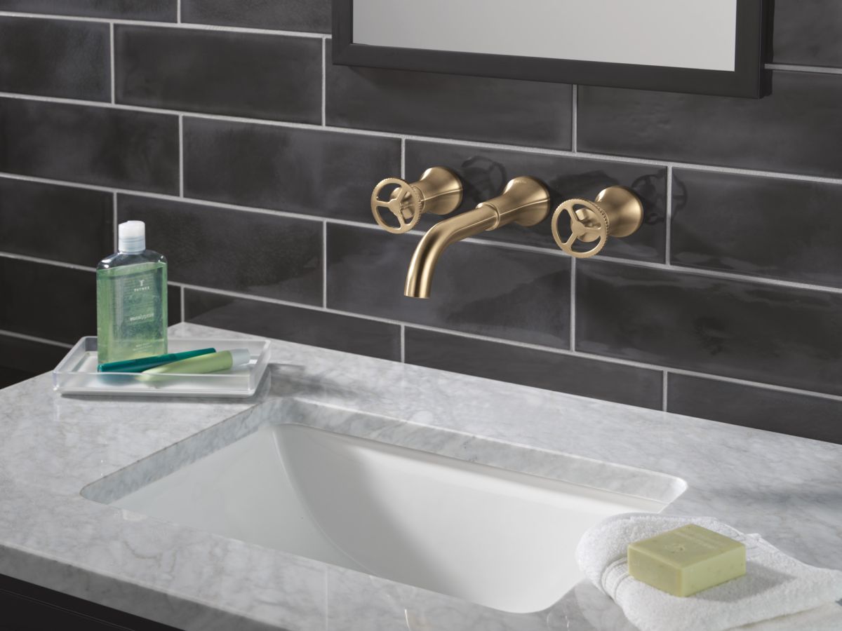 DELTA Trinsic Two Handle Wall Mount Bathroom Faucet — Champagne Bronze
