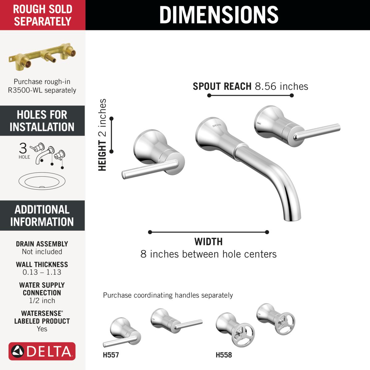 DELTA Trinsic Two Handle Wall Mount Bathroom Faucet — Chrome