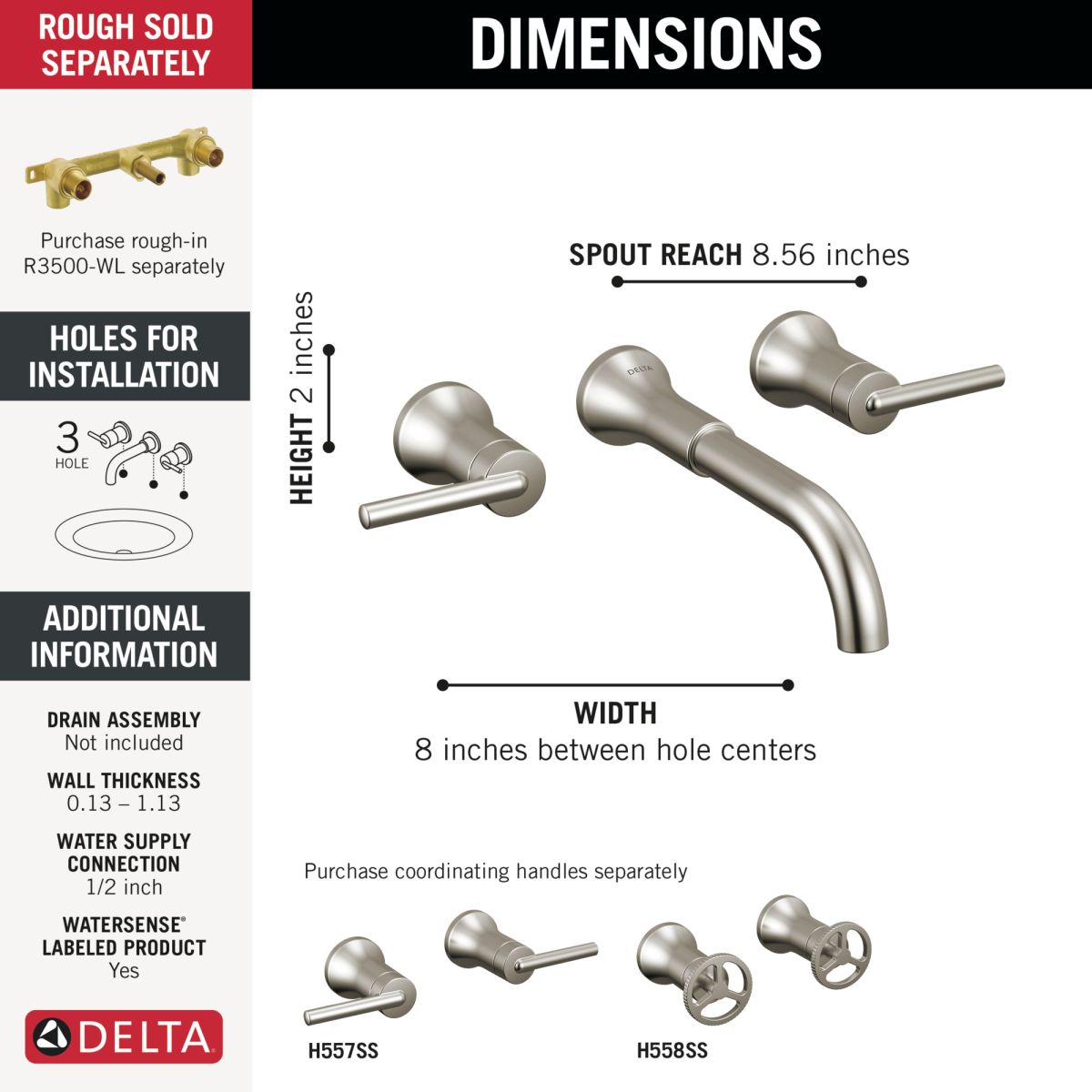 DELTA Trinsic Two Handle Wall Mount Bathroom Faucet — Stainless