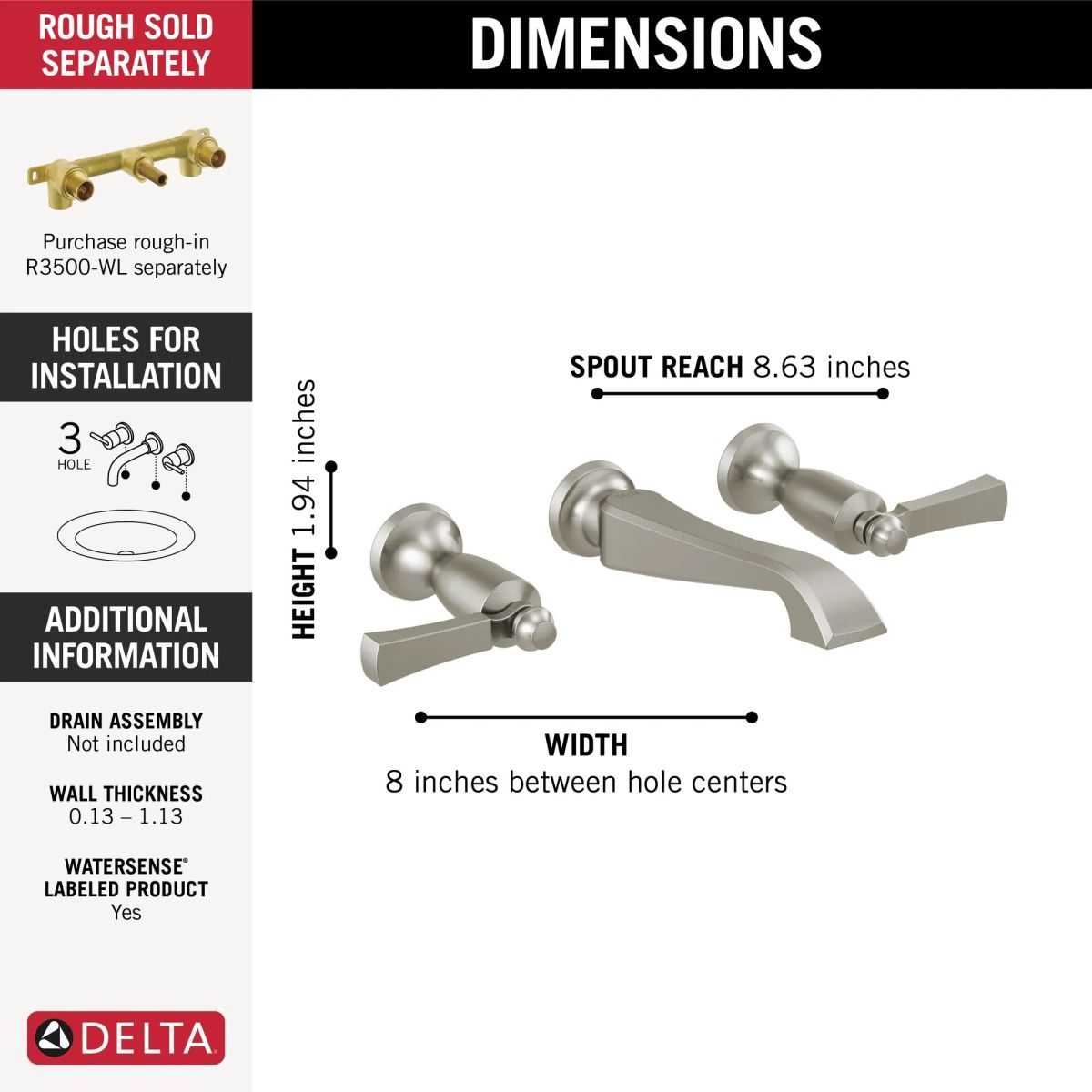 DELTA Dorval Two Handle Wall Mount Bathroom Faucet Trim Only — Stainless