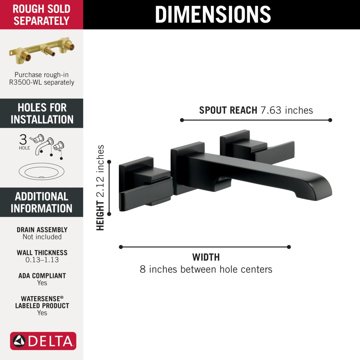 DELTA Ara Two Handle Wall Mount Bathroom Faucet Trim — Matte Black