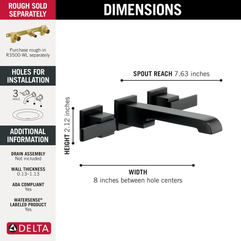 DELTA Ara Two Handle Wall Mount Bathroom Faucet Trim — Matte Black
