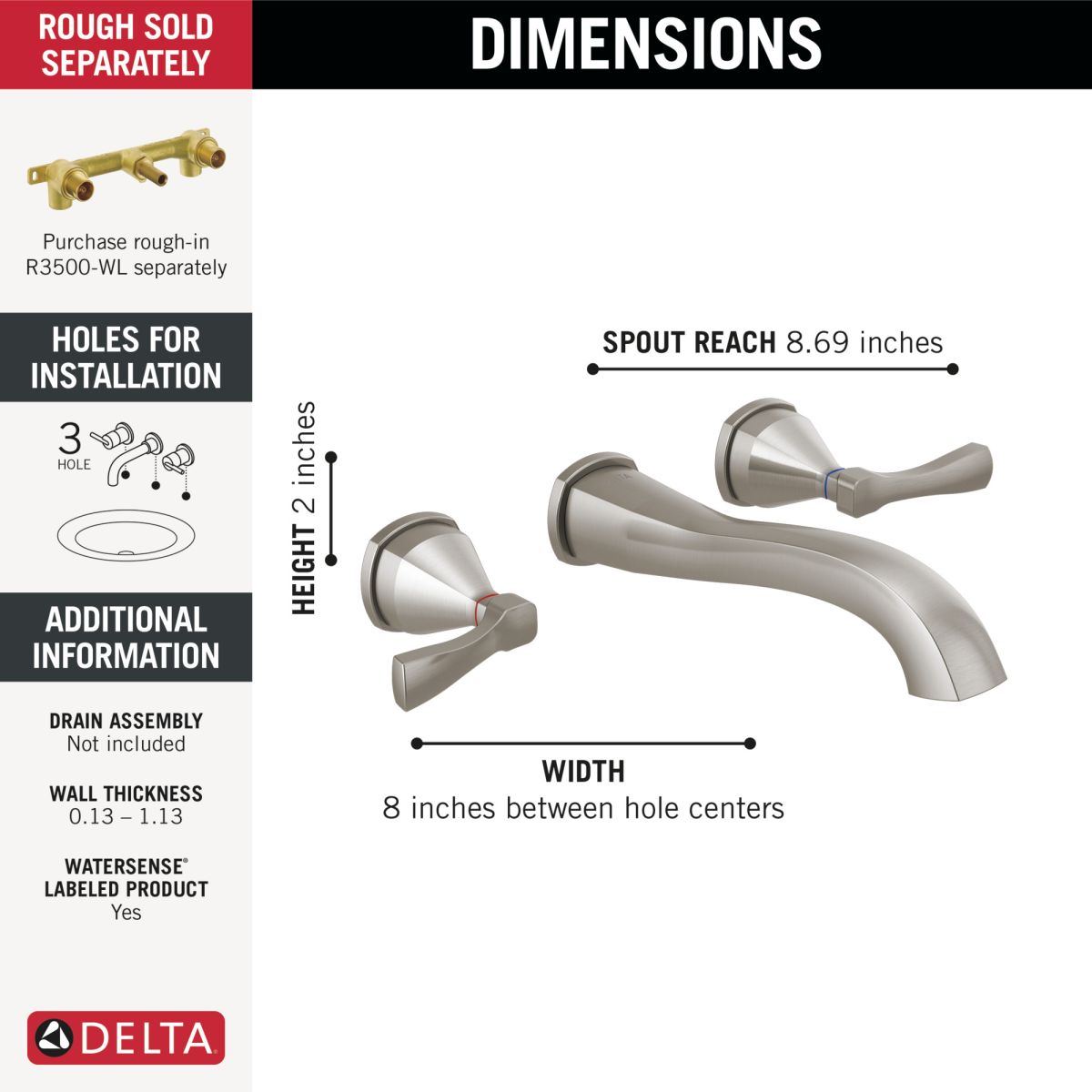 DELTA Stryke Two Handle Wall Mount Bathroom Faucet Trim — Lumicoat® Stainless