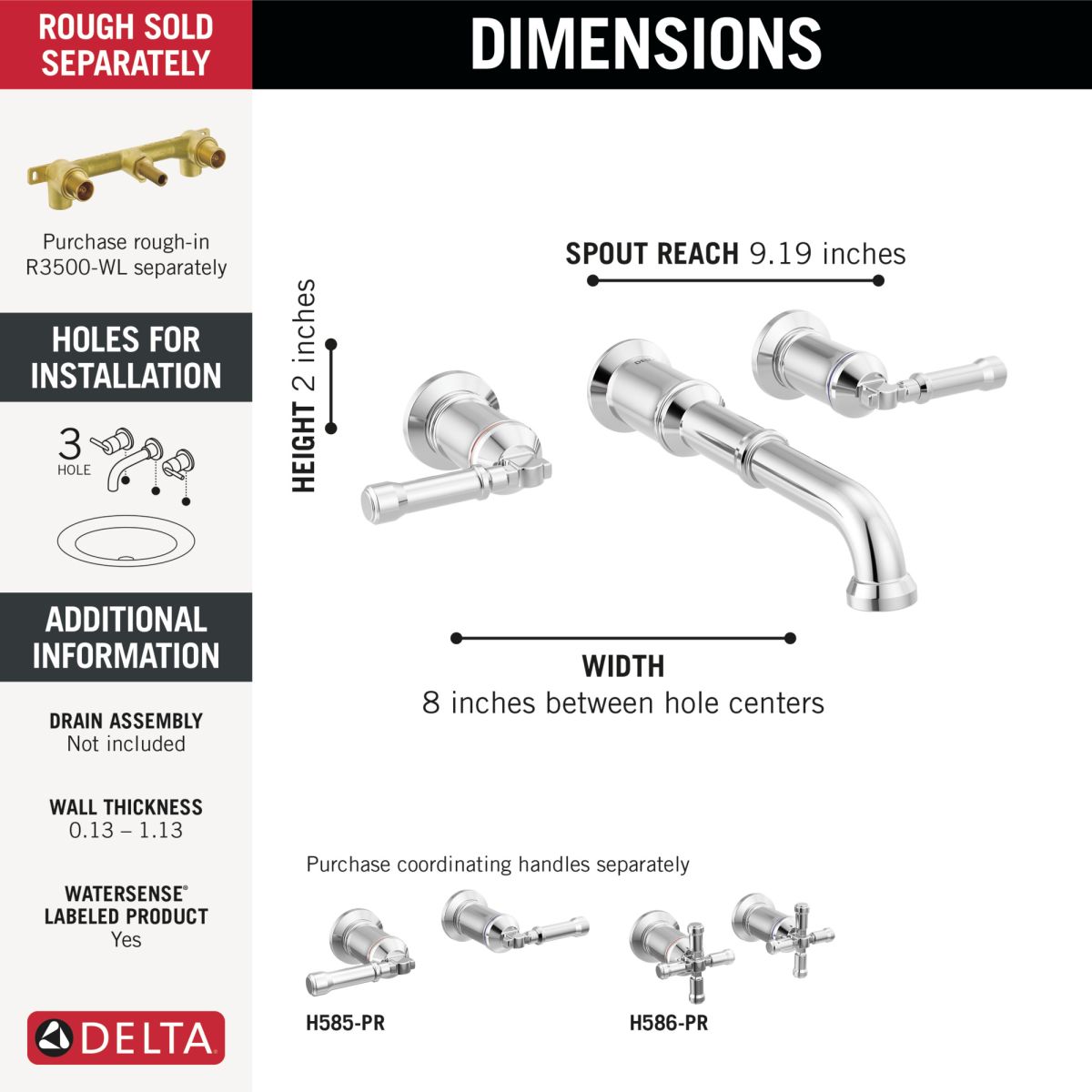 DELTA Broderick Two Handle Wall Mount Bathroom Faucet Trim - Less Handles — Lumicoat® Chrome