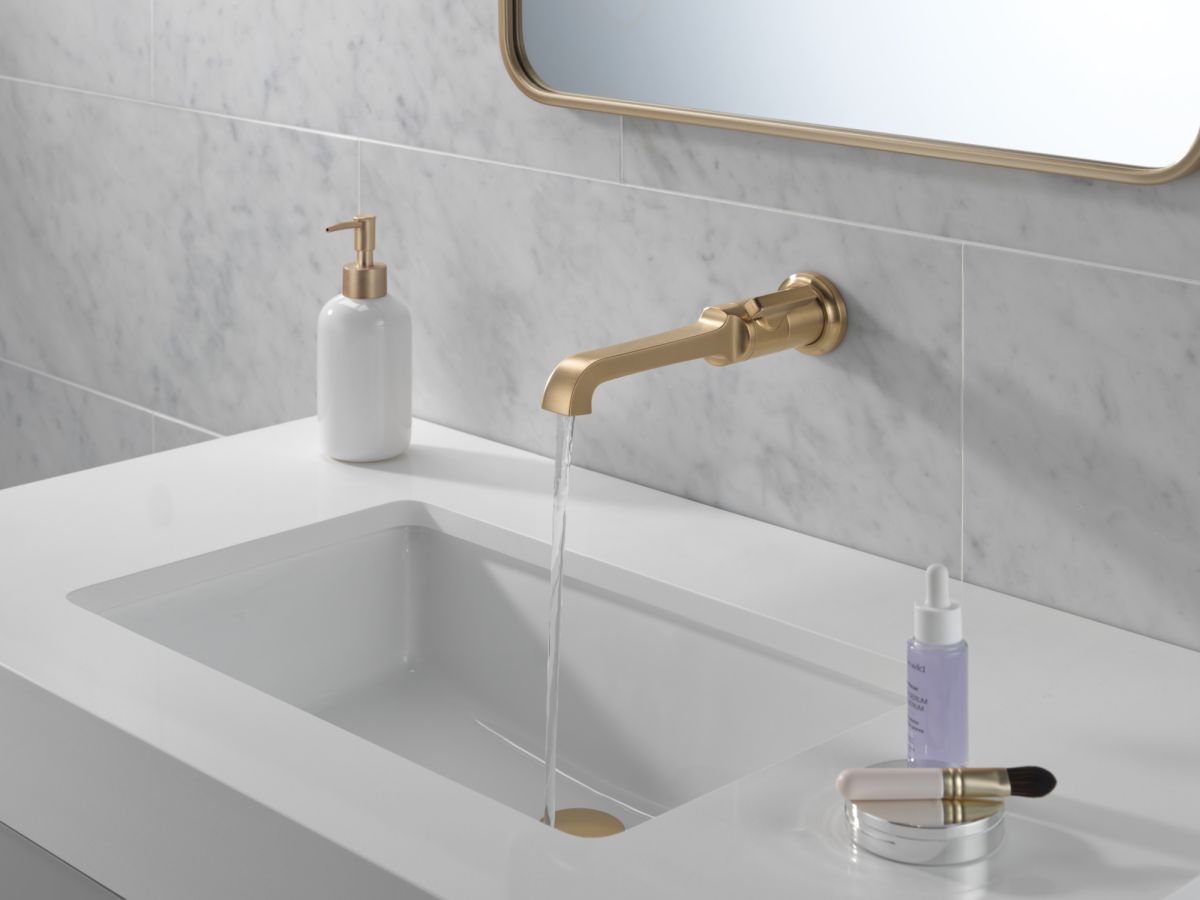 DELTA Tetra Single Handle Wall Mount Bathroom Faucet Trim — Lumicoat® Champagne Bronze