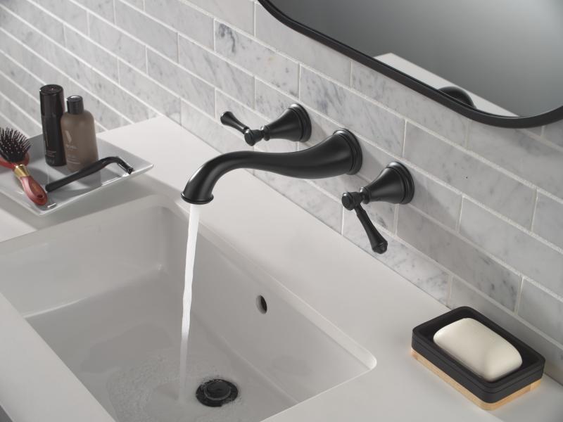 DELTA Cassidy Two Handle Wall-Mount Bathroom Faucet Trim — Matte Black