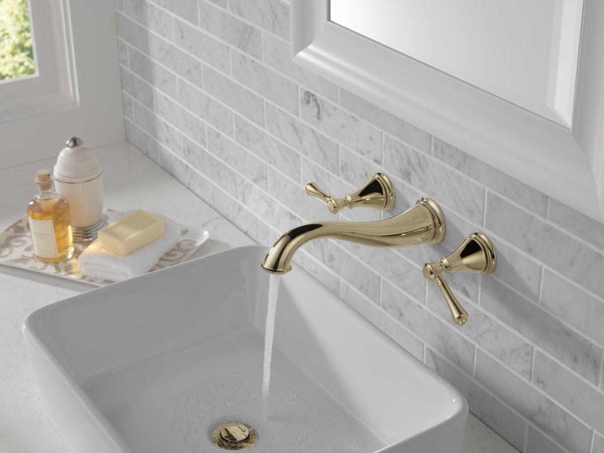 DELTA Cassidy Two Handle Wall Mount Bathroom Faucet Trim — Polished Nickel