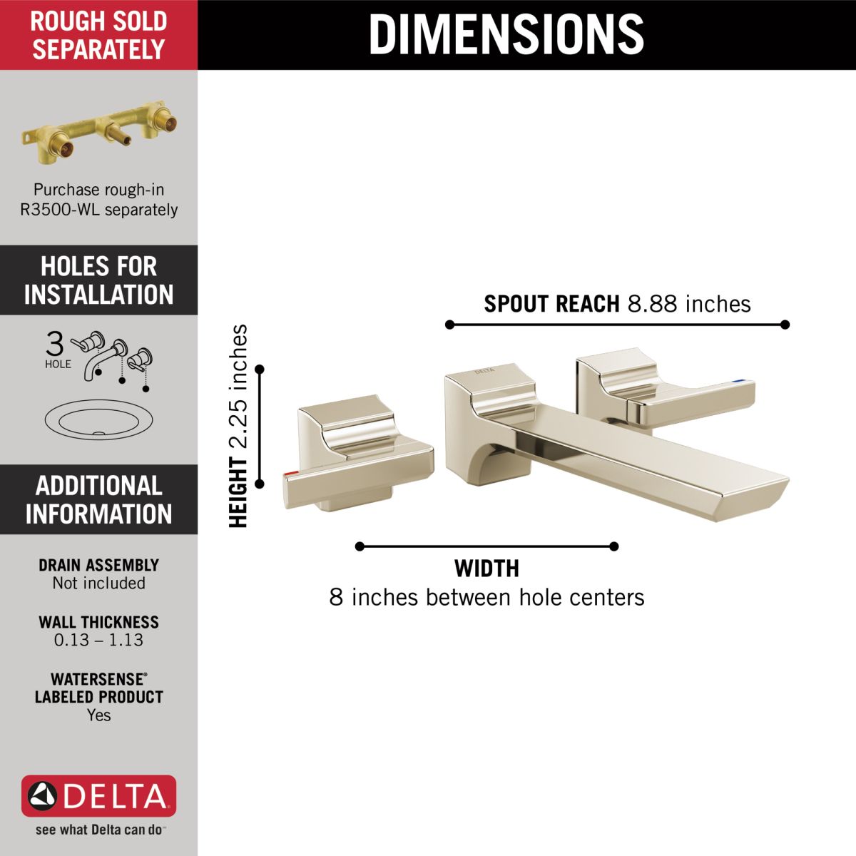 DELTA Pivotal Two Handle Wall Mount Bathroom Faucet Trim — Lumicoat® Polished Nickel