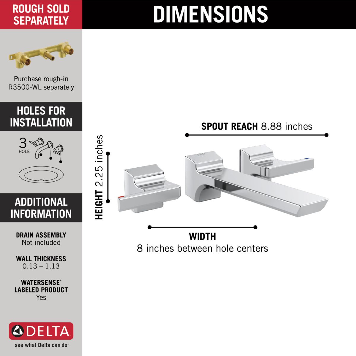 DELTA Pivotal Two Handle Wall Mount Bathroom Faucet Trim — Lumicoat® Chrome